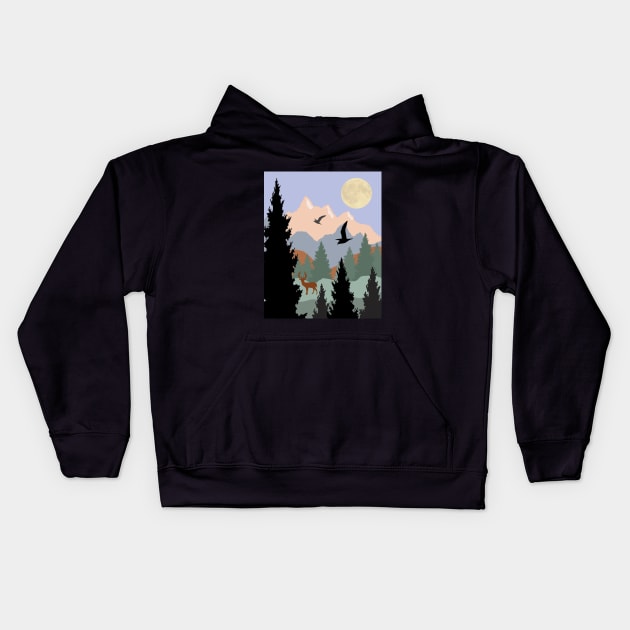 Buck and birds in the Mountains Kids Hoodie by RockettGraph1cs